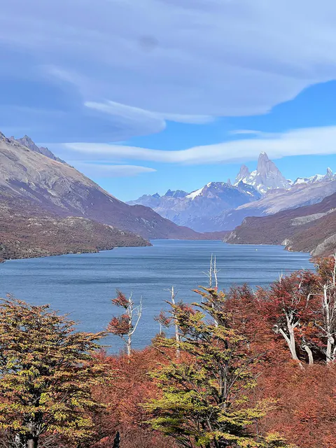 El Fitz Roy al fondo del Lago del Desierto, con lengas rojas