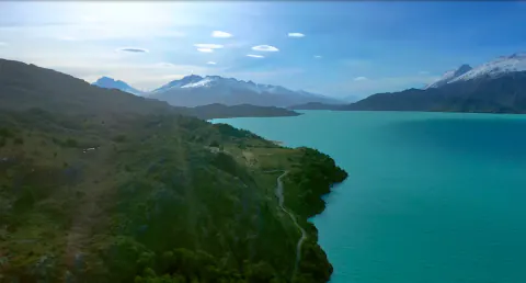 Vista aérea de la orilla del lago O'Higgins en Candelario Mancilla, con el bosque, el camino y la cordillera al fondo