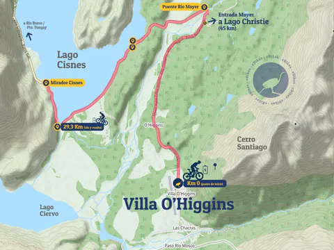 Mapa de la ruta de Villa O'Higgins al norte, hasta el mirador del lago Cisnes
