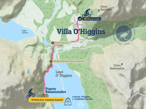 Mapa de la ruta de Villa O'Higgins a Puerto Bahamondes, donde termina la Carretera Austral