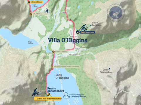Mapa de los alrededores de Villa O'Higgins, del lago Cisnes a Puerto Bahamondes