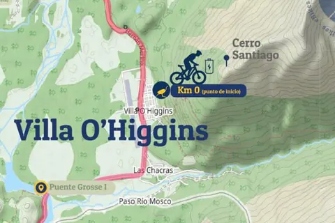 Mapa de Villa O'Higgins con nuestra base, el Km 0 de las salidas