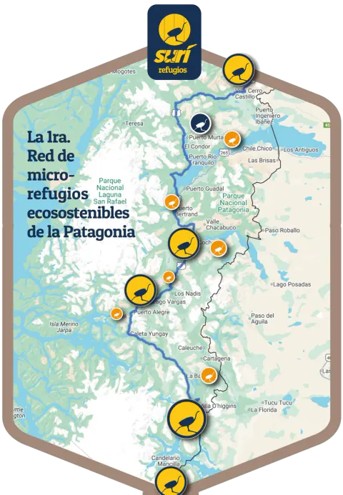 Mapa de la Carretera Austral Sur, de Villa Cerro Castillo a Villa O'Higgins y Candelario Mancilla, con los micro-refugios SURí