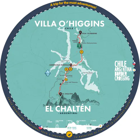 Mapa circular del cruce de Villa O'Higgins a El Chaltén