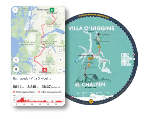 La ruta de Balmaceda a Villa O'Higgins en Ride with GPS, con su perfil de altura, junto al mapa del cruce de Villa O'Higgins a El Chaltén