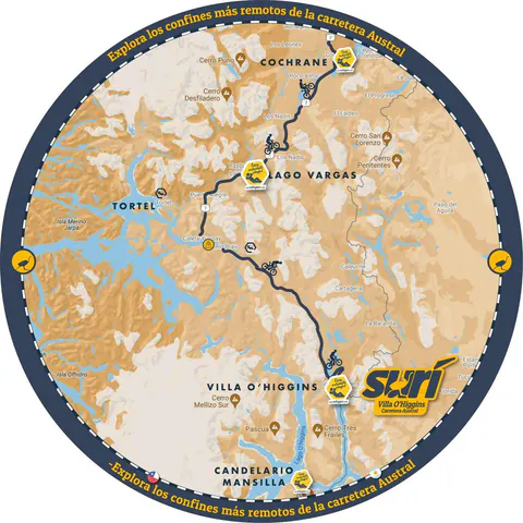 Mapa ilustrado de la Carretera Austral Sur, de Cochrane a Villa O'Higgins y Candelario Mancilla